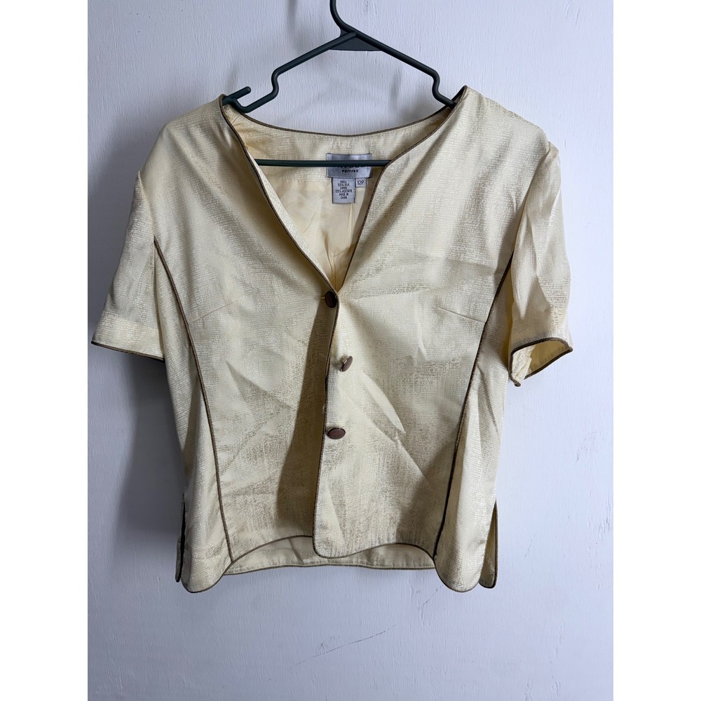 Papell Petites 100% Silk Blouse Cream Champagne Jacquard Short Sleeve Top 12P